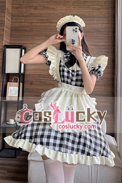 Japanese Black Red Check Lolita Maid Cosplay