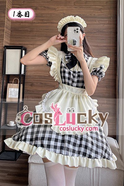 Japanese Black Red Check Lolita Maid Cosplay